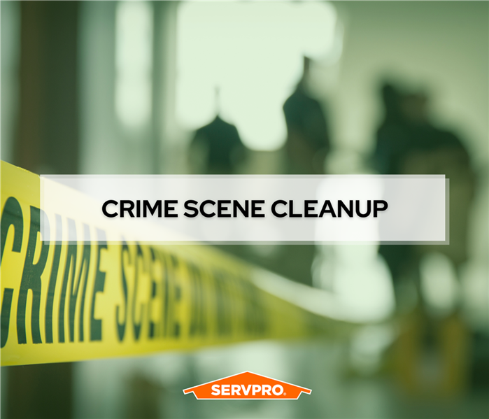 crime scene tape, tappering out to blurriness, servpro logo in bottom center, dark box with text "crime scene cleanup" center